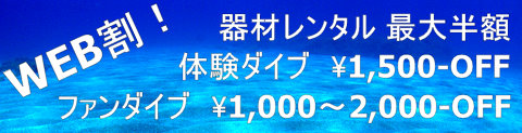 WEB割！体験ダイビング、ファンダイビング、器材レンタル、格安、割引！