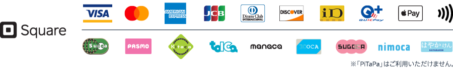 カード6ブランド: Visa, Mastercard, American Express, JCB, Diners Club, Discover iD, QUICPay, Apple Pay, 非接触対応マーク 交通系ICの電子マネー: Suica, PASMO, Kitaca, toica, manaca, ICOCA, SUGOCA, nimoca, はやかけん